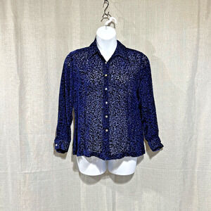 Merona Burnout Top Womens Large Blue Roses Mother of‎ Pearl Buttons Sheer Silk